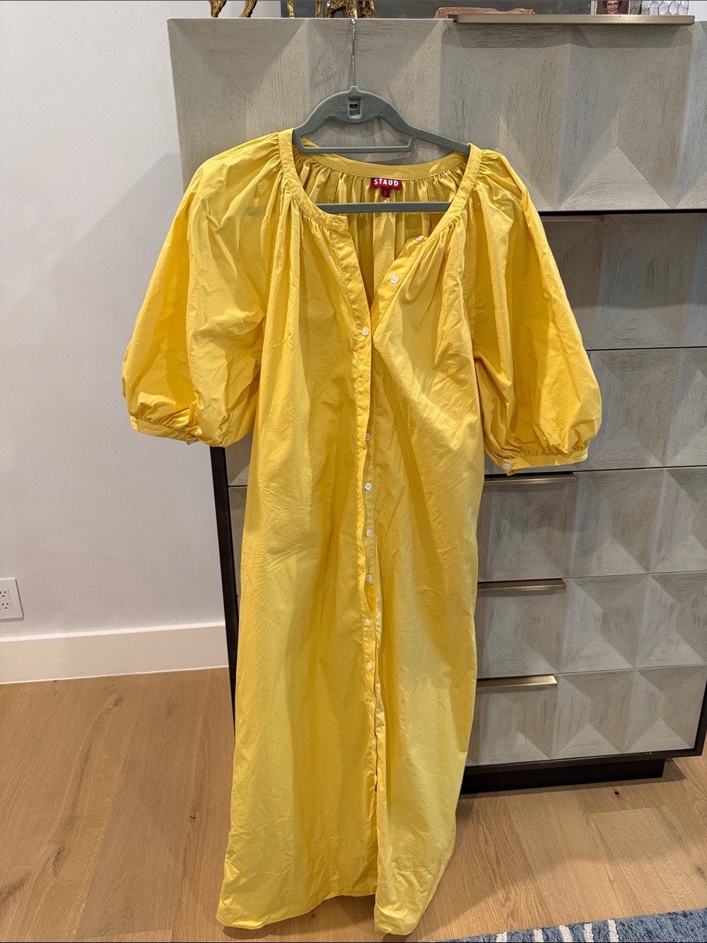 STAUD Yellow Puff-Sleeve Button-Front Maxi Dress